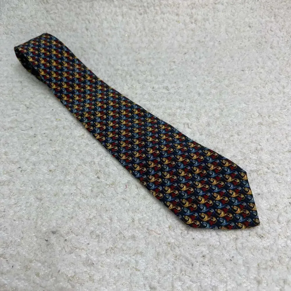 Maurizio Serri for Lydia Keys 100  Silk Tie Blue Red Gold Scroll Pattern Italy